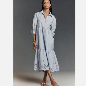 Anthropologie The Bettina Tiered Shirt Dress Maeve Eyelet Edition Blue M NWT